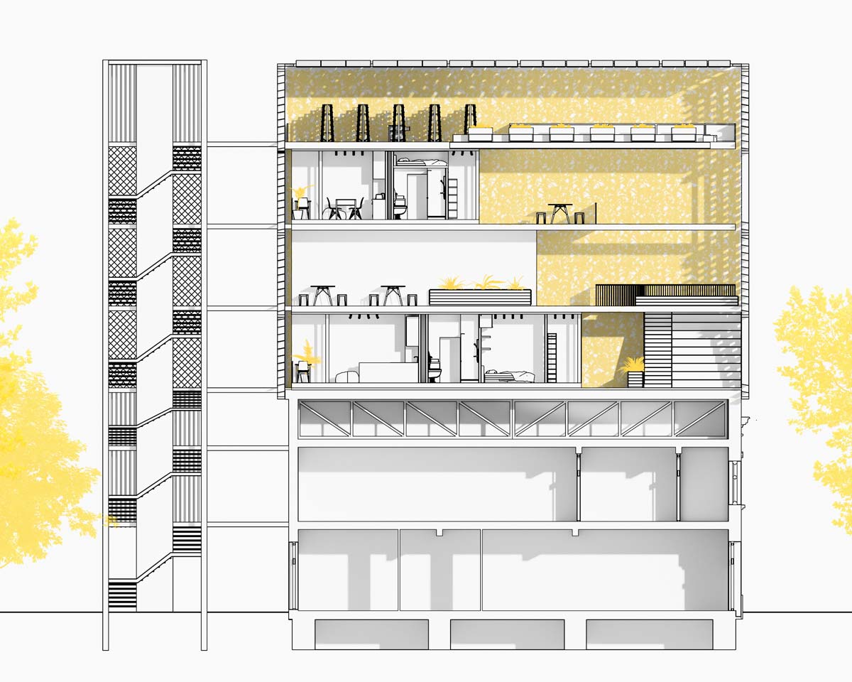 Cross Section of MIMOs building including Cafe Ada in Wuppertal, Mirke. Solar Decathlon Europe 21/22